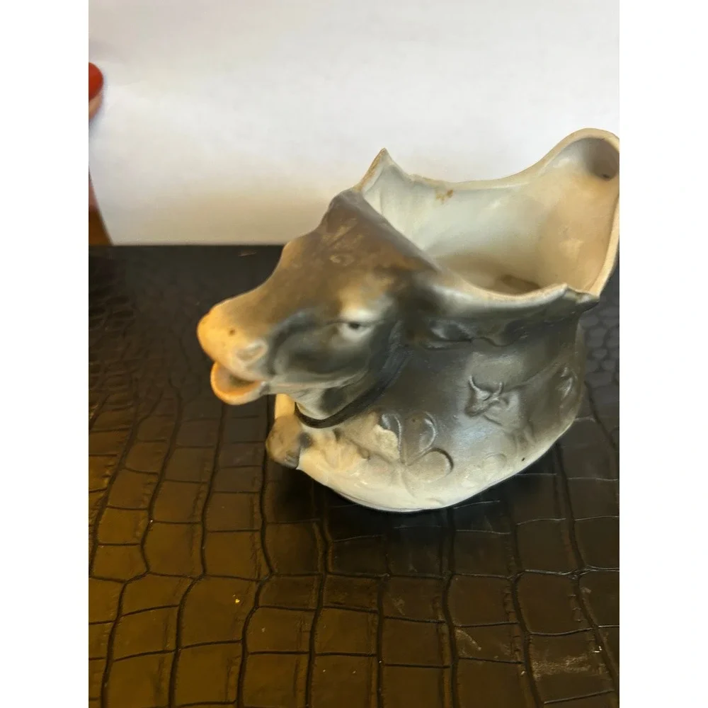 Vintage Ceramic Water Buffalo Creamer Pitcher Grey White Farmhouse Country Decor